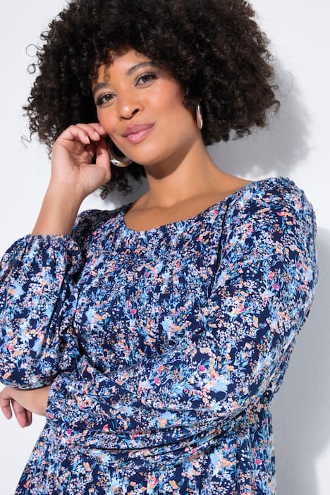 Kleid, Jersey, Blumenmuster, gesmoktes Oberteil, weiter Rock