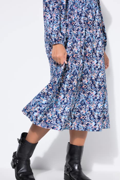 Kleid, Jersey, Blumenmuster, gesmoktes Oberteil, weiter Rock