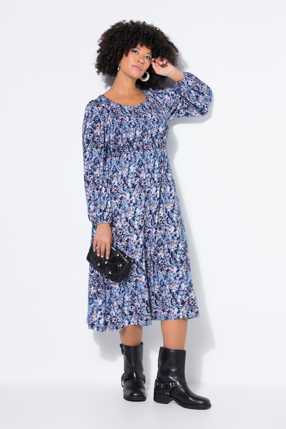 Kleid, Jersey, Blumenmuster, gesmoktes Oberteil, weiter Rock