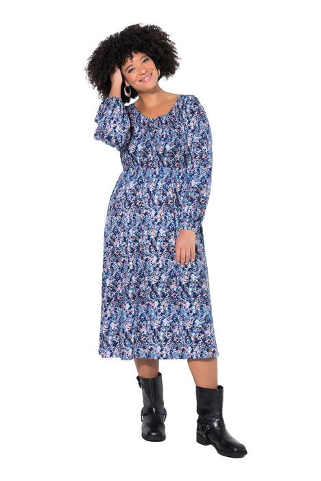 Šaty, žerzej, květinový vzor, mačkaný horní díl, široká sukně