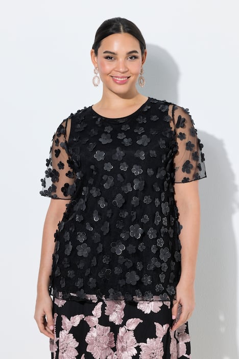 T-Shirt, Blüten-Applikation, Rundhals, Halbarm