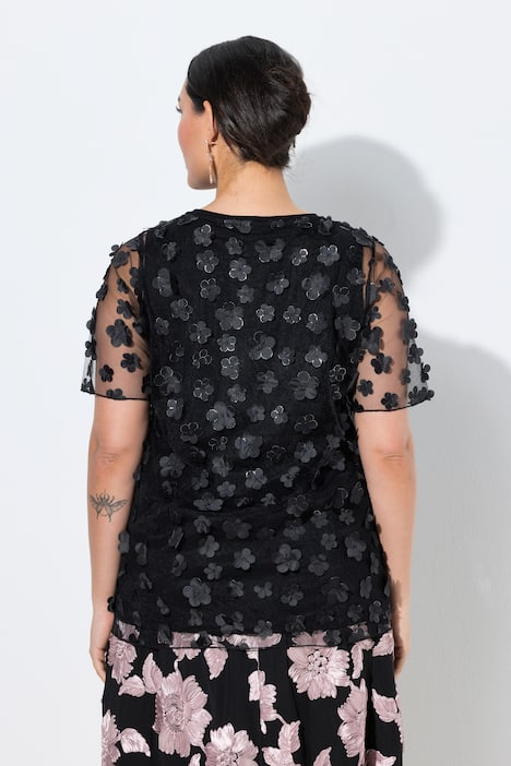 T-Shirt, Blüten-Applikation, Rundhals, Halbarm