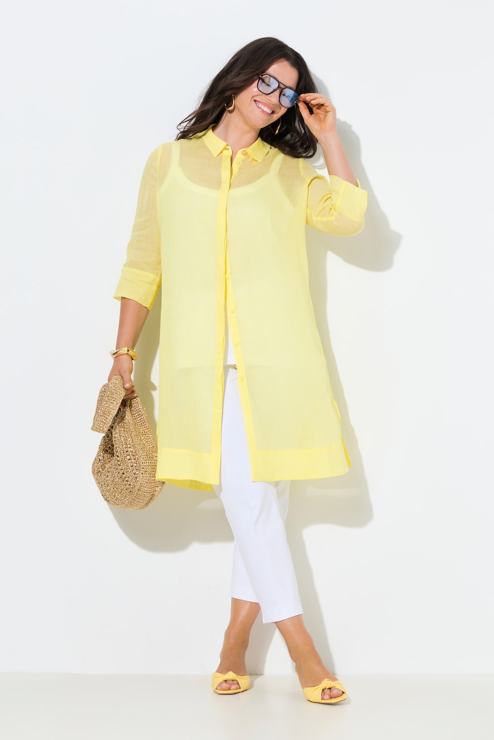 Longbluse, Ramie, Hemdkragen, 3/4-Arm