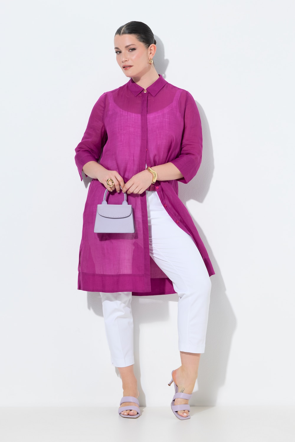 Longbluse, Ramie, Hemdkragen, 3/4-Arm