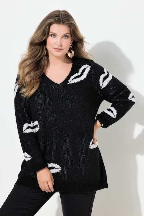 Pull motif bouches, encolure en V et coupe Straight Fit