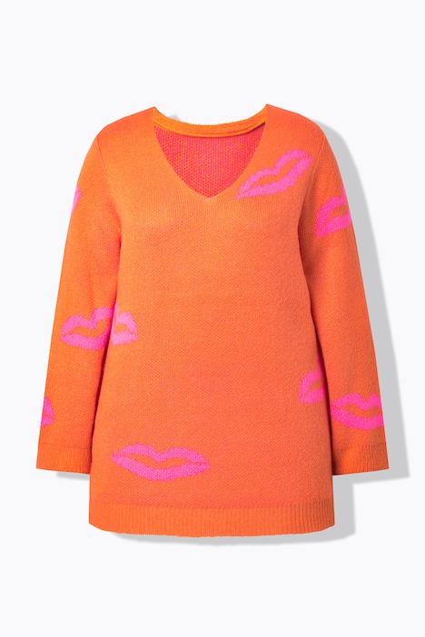 Pull motif bouches, encolure en V et coupe Straight Fit