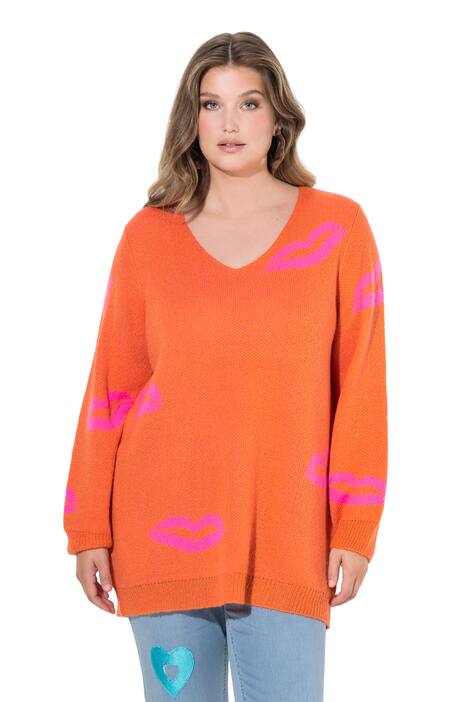 Svetr, rovný střih, motiv polibku, výstřih do V