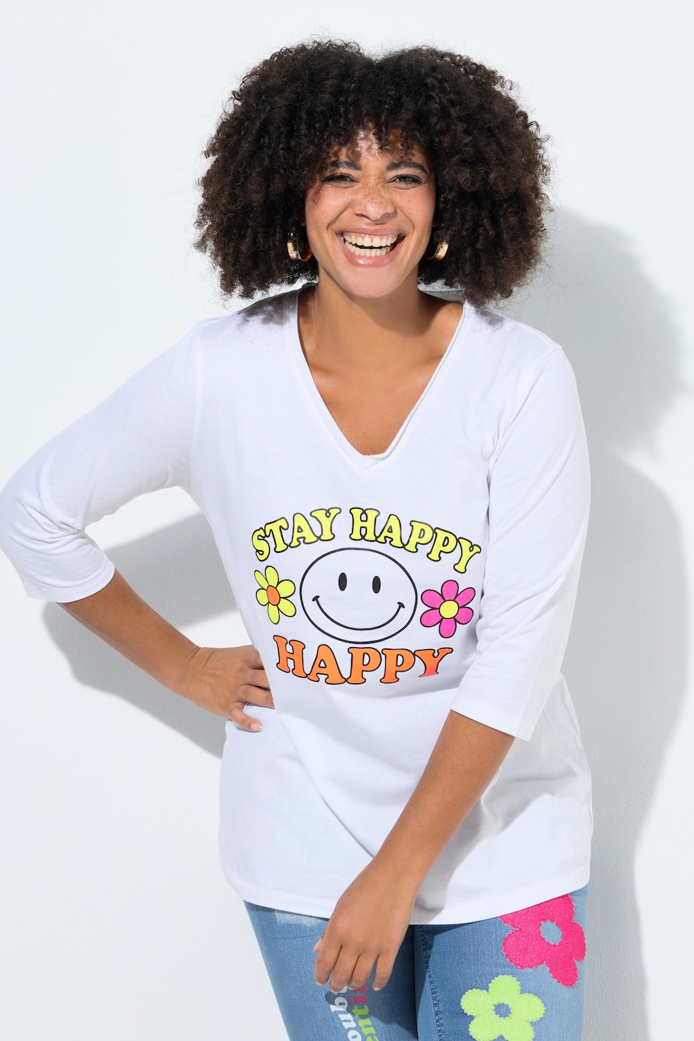 T-Shirt, A-Linie, Neon-Smiley, 3/4-Ärmel
