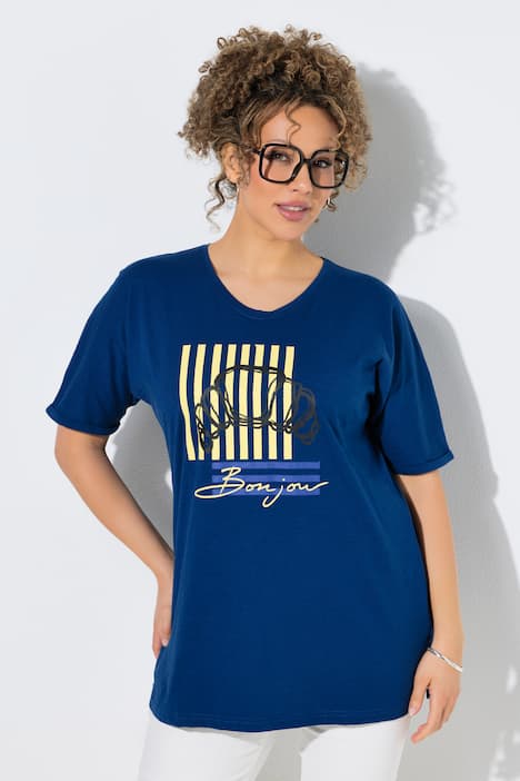 Camiseta, croissant, amplia, cuello redondo, media manga