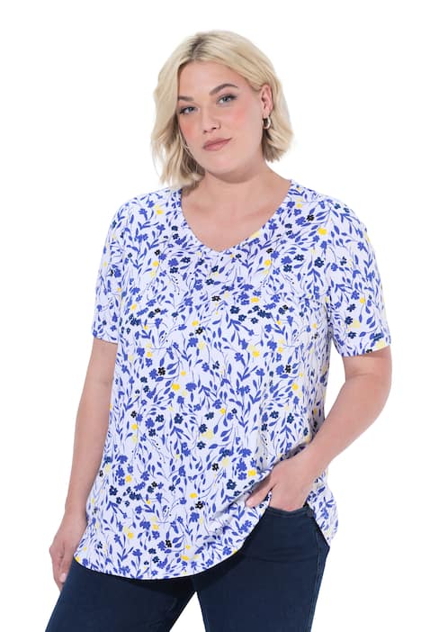 Halenka, květinový vzor, ozdobné záhyby, V výstřih, polodlouhý rukáv