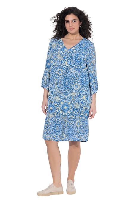 Šaty, dlaždicový vzor, áčkový střih, V výstřih, 3/4 rukávy