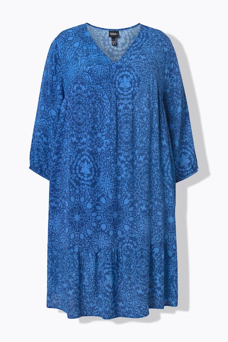 Sukienka, wzór kafelek, trapezowy krój, dekolt w serek, rękaw 3/4