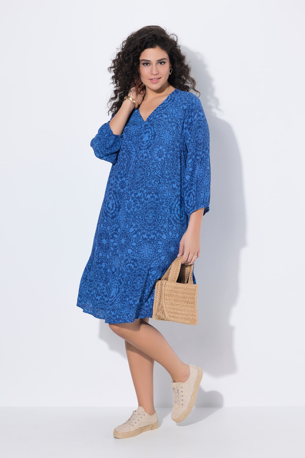 Kleid, Kachelmuster, A-Linie, V-Ausschnitt, 3/4-Arm