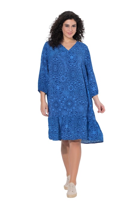 Šaty, dlaždicový vzor, áčkový střih, V výstřih, 3/4 rukávy