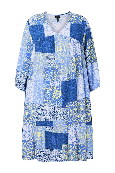 Šaty, dlaždicový vzor, áčkový střih, V výstřih, 3/4 rukávy