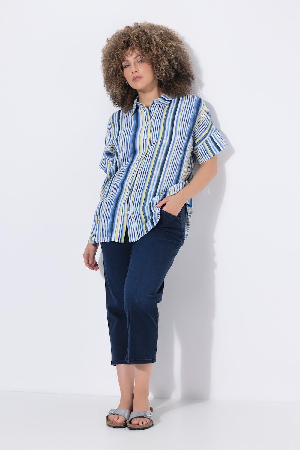 Musselin-Bluse, Streifen, Oversized, Hemdkragen, Halbarm
