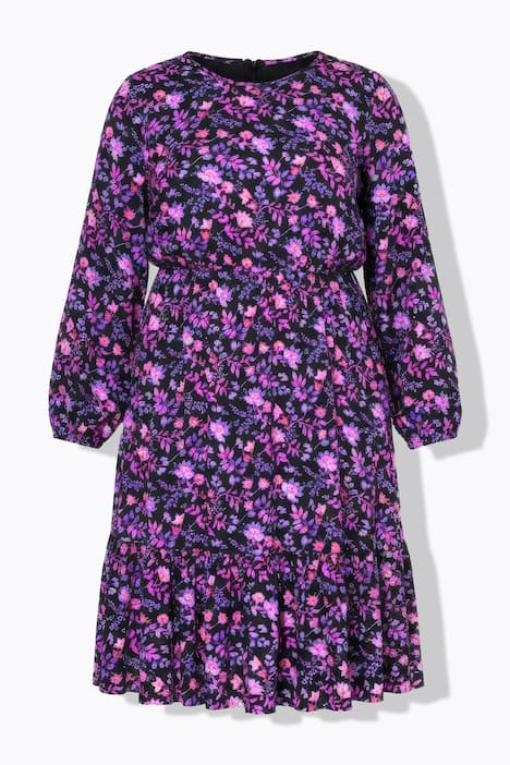 Robe midi coupe évasée, volant, manches longues et motif à fleurs