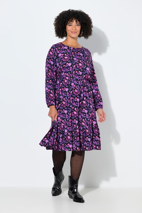 Abito midi dal taglio svasato con fiori, balze e maniche lunghe