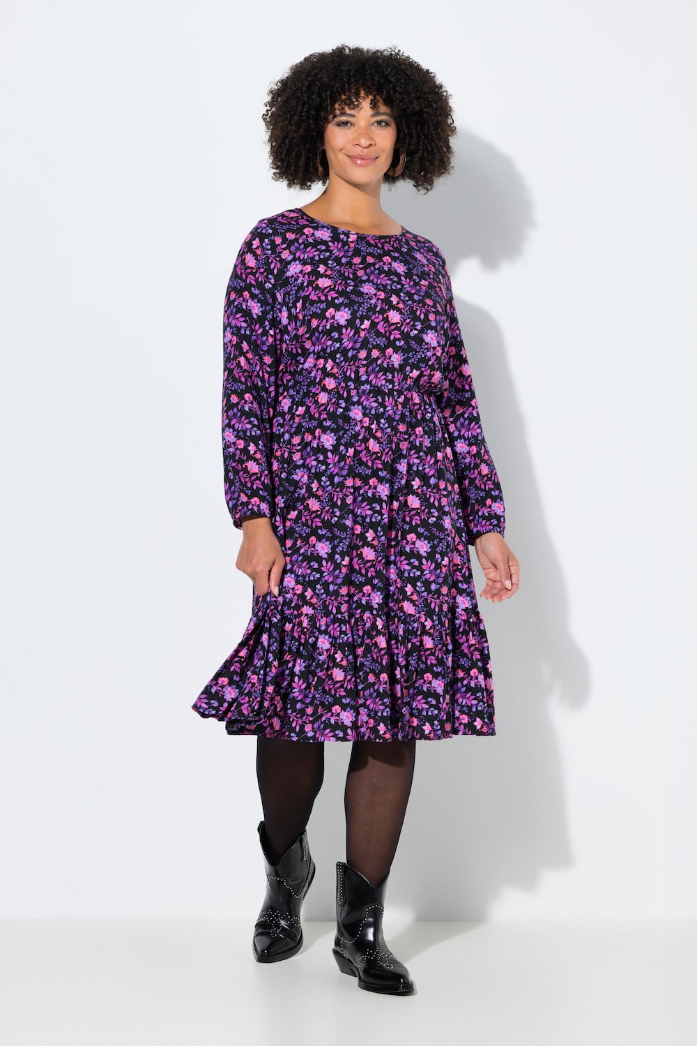 Midikleid, A-Linie, Blumenmuster, Langarm, Volant