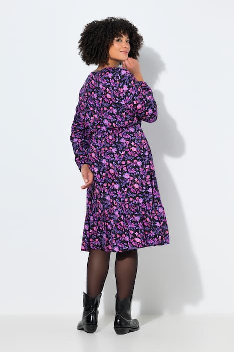 Robe midi coupe évasée, volant, manches longues et motif à fleurs