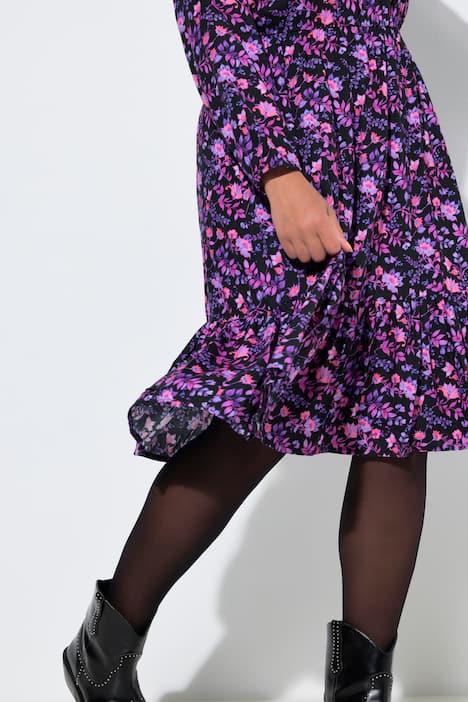 Robe midi coupe évasée, volant, manches longues et motif à fleurs