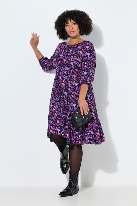 Robe midi coupe évasée, volant, manches longues et motif à fleurs