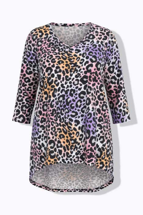 T-Shirt, Leomuster, 3/4-Ärmel, Saum hinten länger