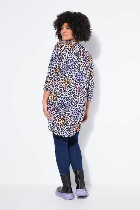 T-Shirt, Leomuster, 3/4-Ärmel, Saum hinten länger