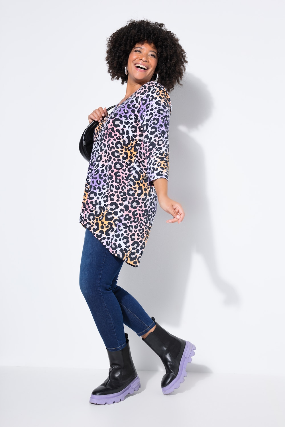 T-Shirt, Leomuster, 3/4-Ärmel, Saum hinten länger