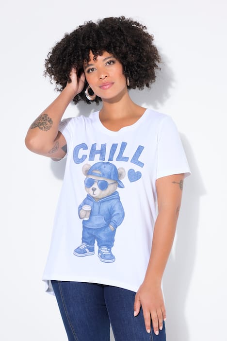 T-Shirt, Teddy-Motiv, Saum hinten länger