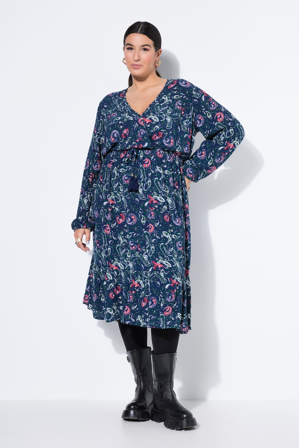 Maxikleid, Alloverprint, V-Ausschnitt, Saumvolant