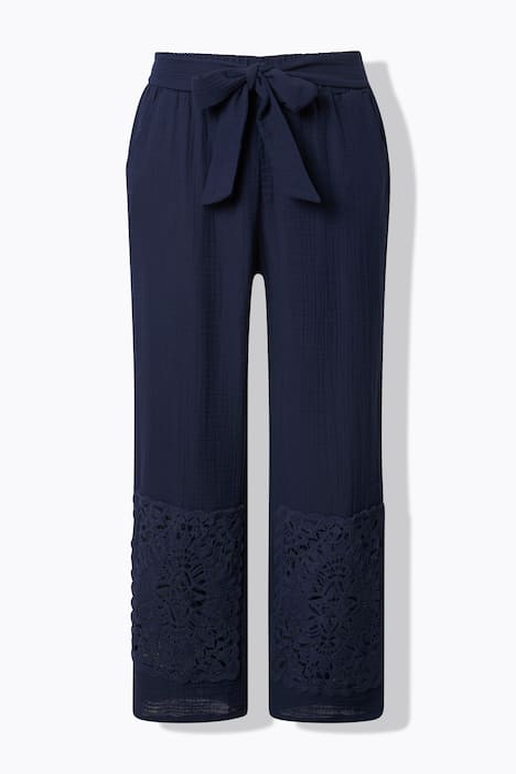 Musselinhose, weites Bein, Häkeldetail, Biobaumwolle