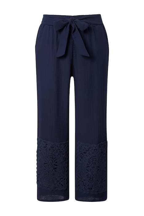 Mušelínové kalhoty, široké nohavice, háčkovaný detail, bio-bavlna