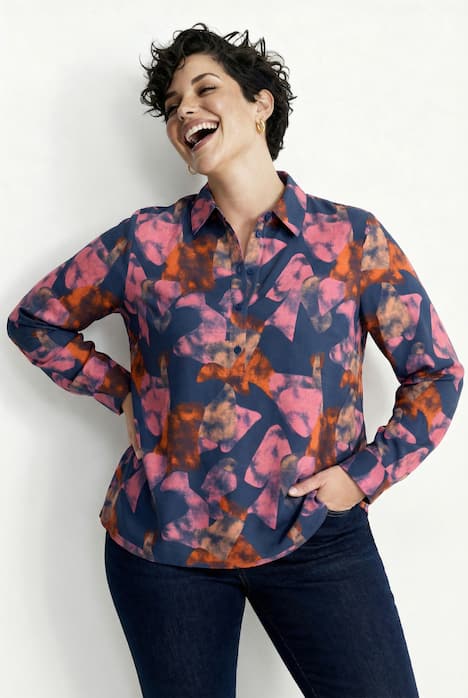 Tunika, grafischer Druck, A-Linie, Stehkragen, Langarm