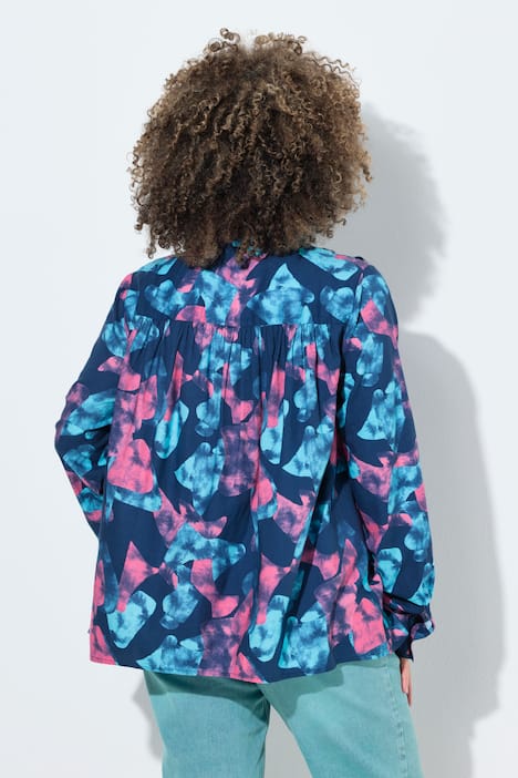 Tuniek, grafische print, A-lijn, opstaande kraag, lange mouwen