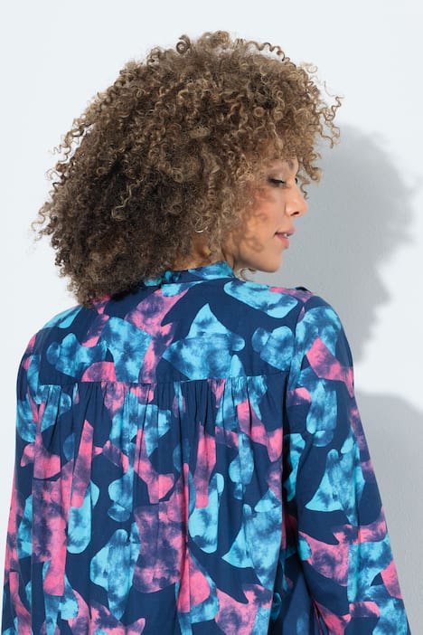 Tuniek, grafische print, A-lijn, opstaande kraag, lange mouwen