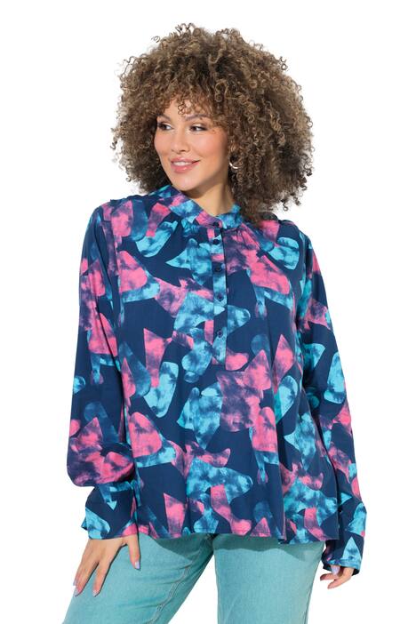 Tunika, grafický potisk, áčkový střih, stojáček, dlouhé rukávy