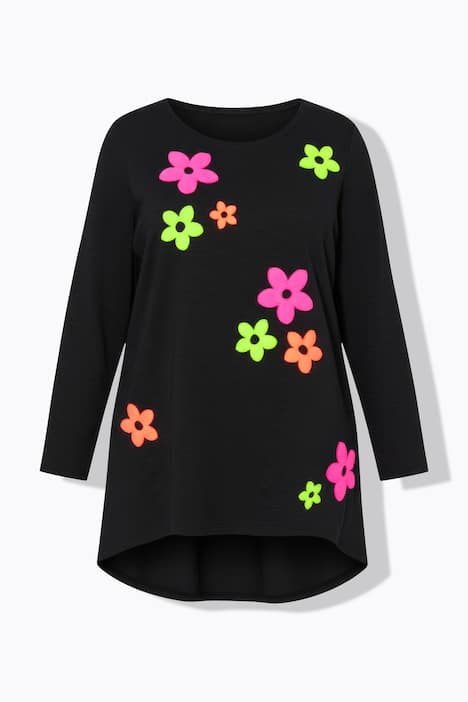 Bluzka z długim rękawem, trapezowy krój, neonowe kwiaty frotte