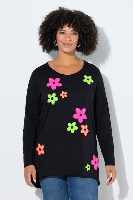 Bluzka z długim rękawem, trapezowy krój, neonowe kwiaty frotte