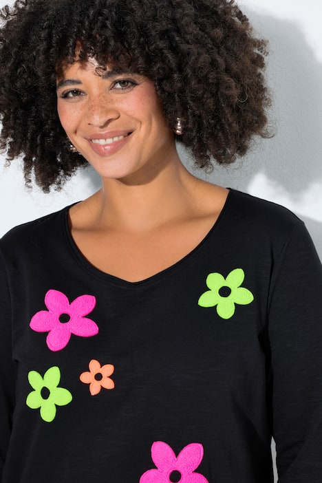 Bluzka z długim rękawem, trapezowy krój, neonowe kwiaty frotte