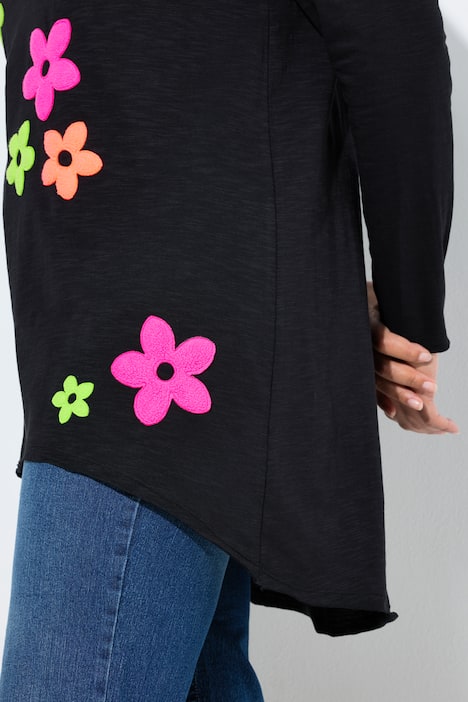 Bluzka z długim rękawem, trapezowy krój, neonowe kwiaty frotte