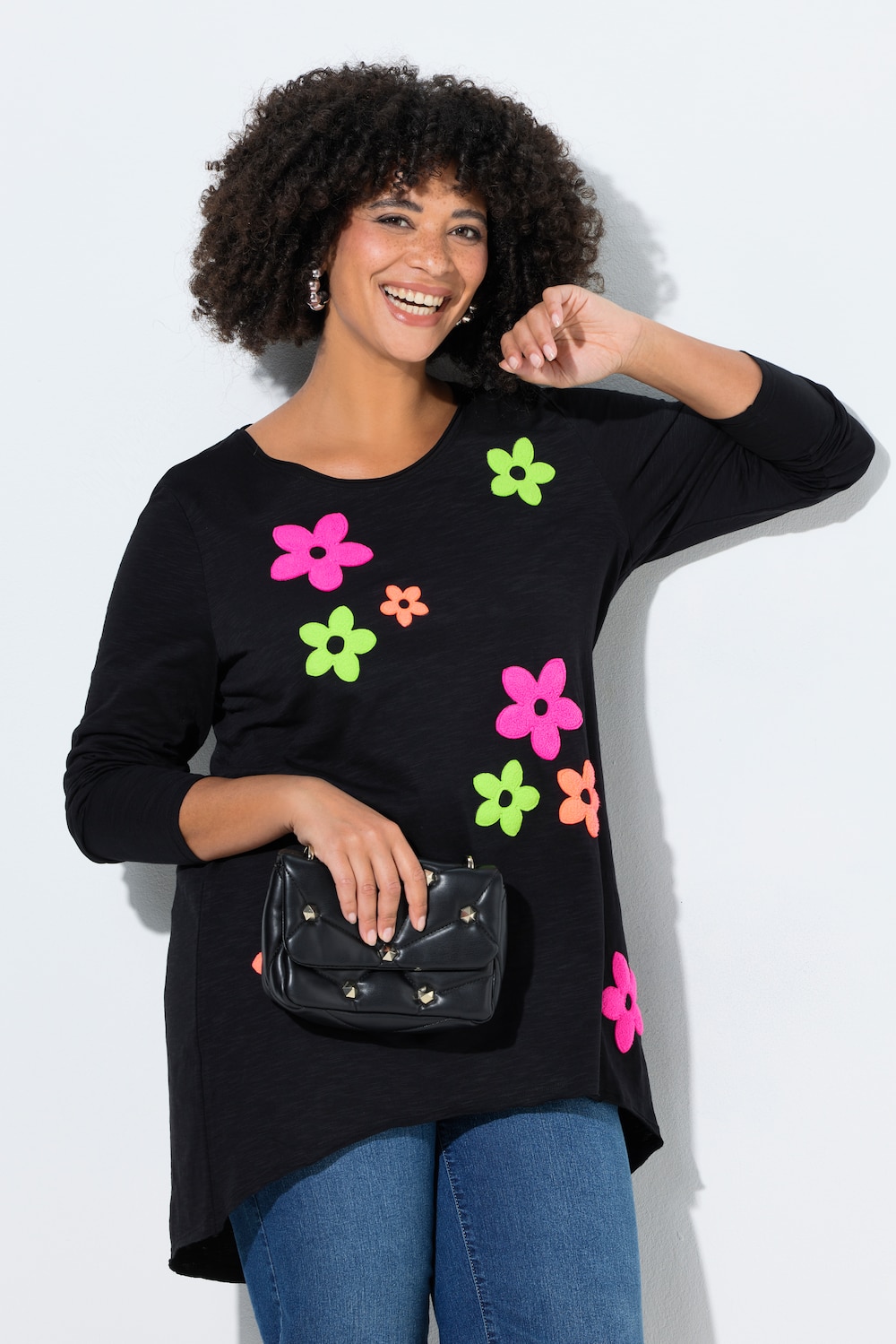 Shirt met lange mouw, A-lijn, neon frotté bloemen