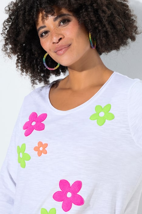 Bluzka z długim rękawem, trapezowy krój, neonowe kwiaty frotte