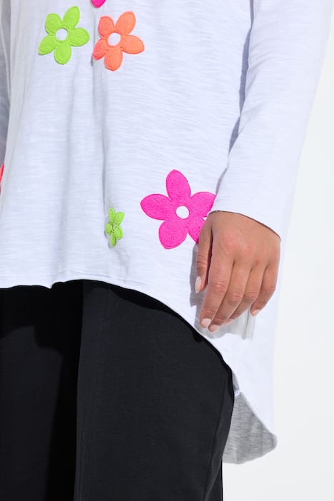 Bluzka z długim rękawem, trapezowy krój, neonowe kwiaty frotte