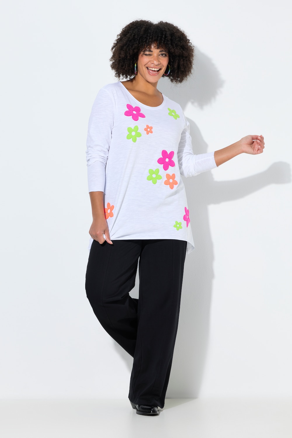 Langarmshirt, A-Linie, Neon-Frotteeblumen
