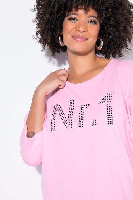 Długa koszulka, oversize, motyw „No.1” z ozdobnych kamyczków