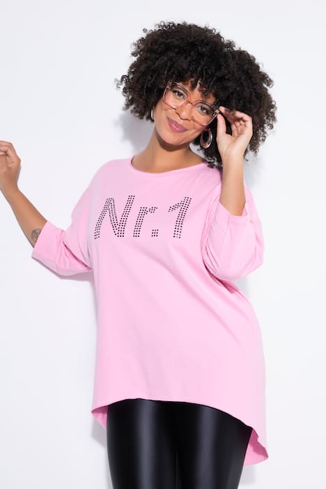 Długa koszulka, oversize, motyw „No.1” z ozdobnych kamyczków