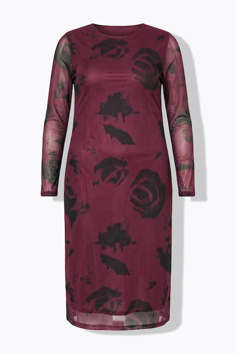 Maxikjole, slank pasform, mesh med motiv, lange ærmer