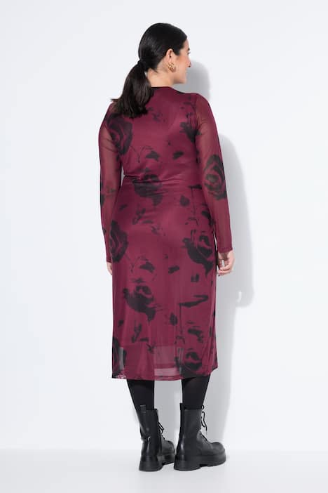 Maxikjole, slank pasform, mesh med motiv, lange ærmer