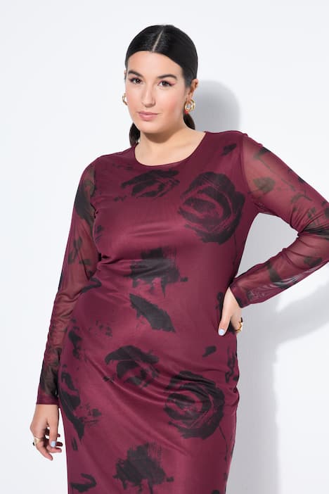 Maxikjole, slank pasform, mesh med motiv, lange ærmer